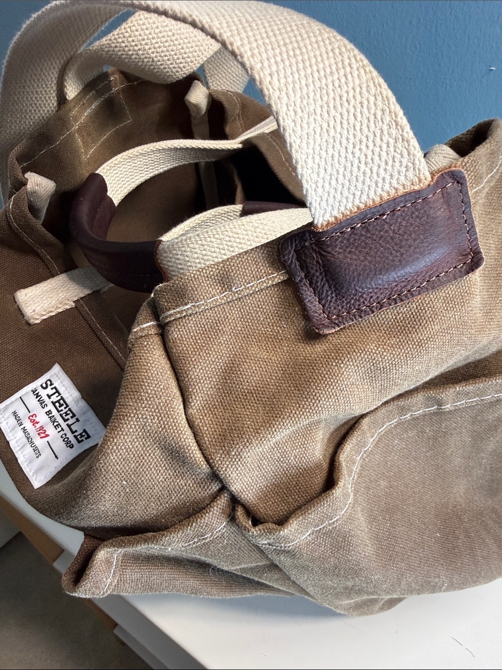 Steele Brown Waxed Canvas Tote with Cattle Hide Grips and Cream Canvas Straps - Picture 14 of 15